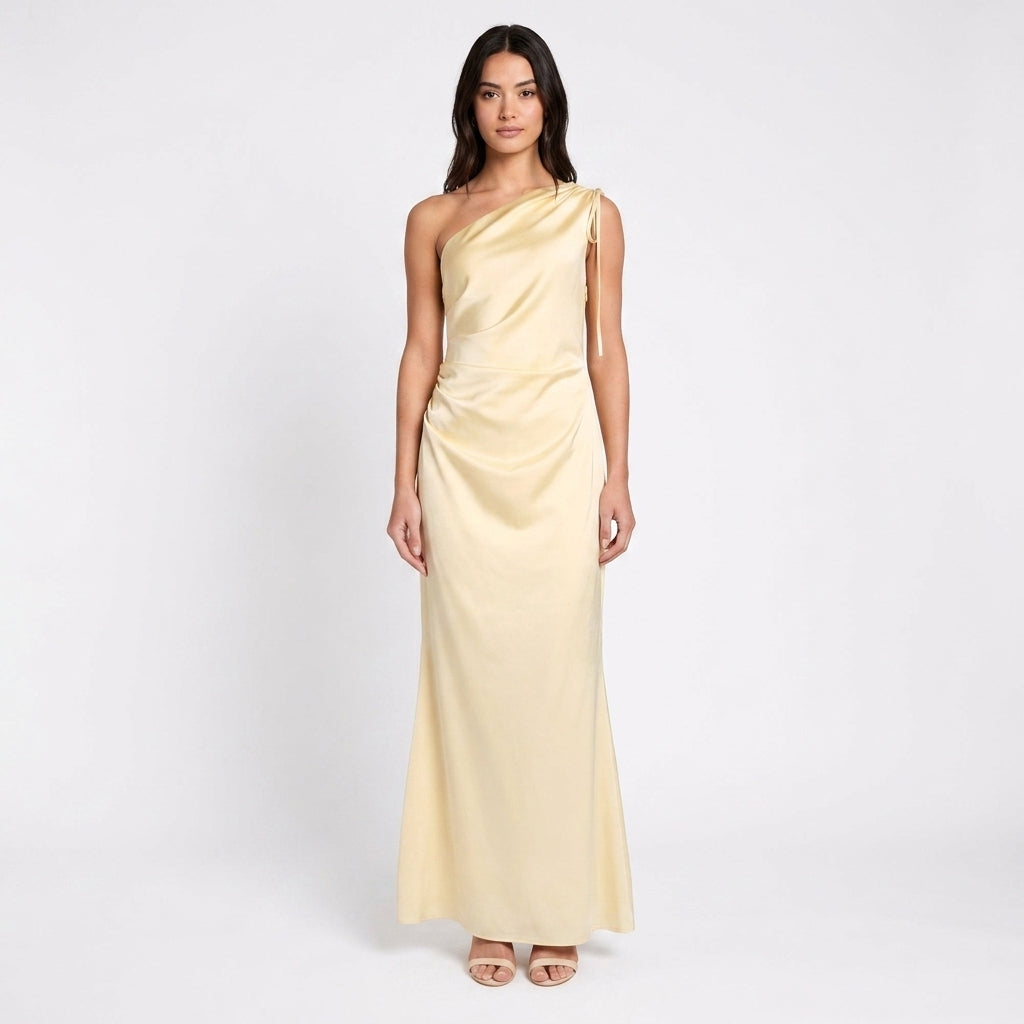 Butter Yellow One Shoulder Maxi Dress Wedding Guest Outfit – Luna Fashion House