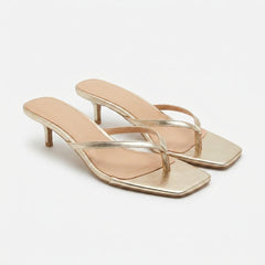 Gold Thong Kitten Heels Square Toe Strappy Sandals Elegant Heels