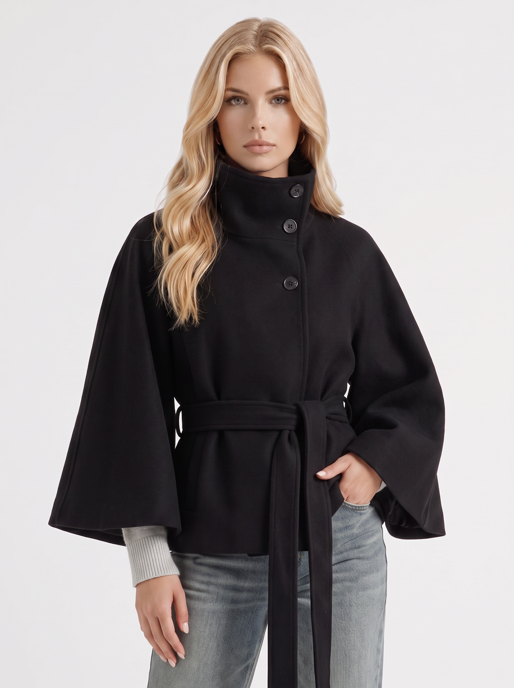 Belted Cape Jacket Stand Collar Autumn