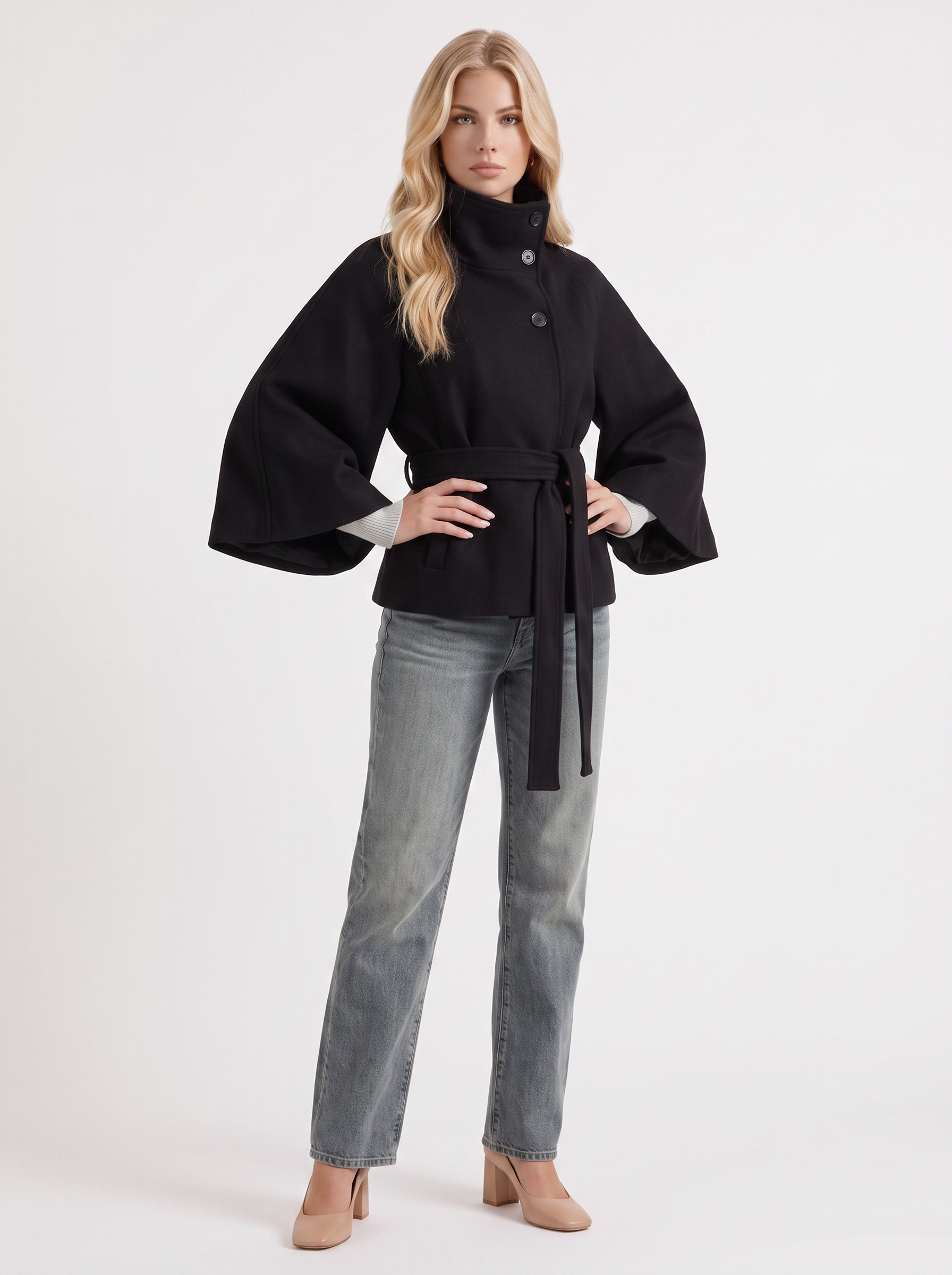 Belted Cape Jacket Stand Collar Autumn