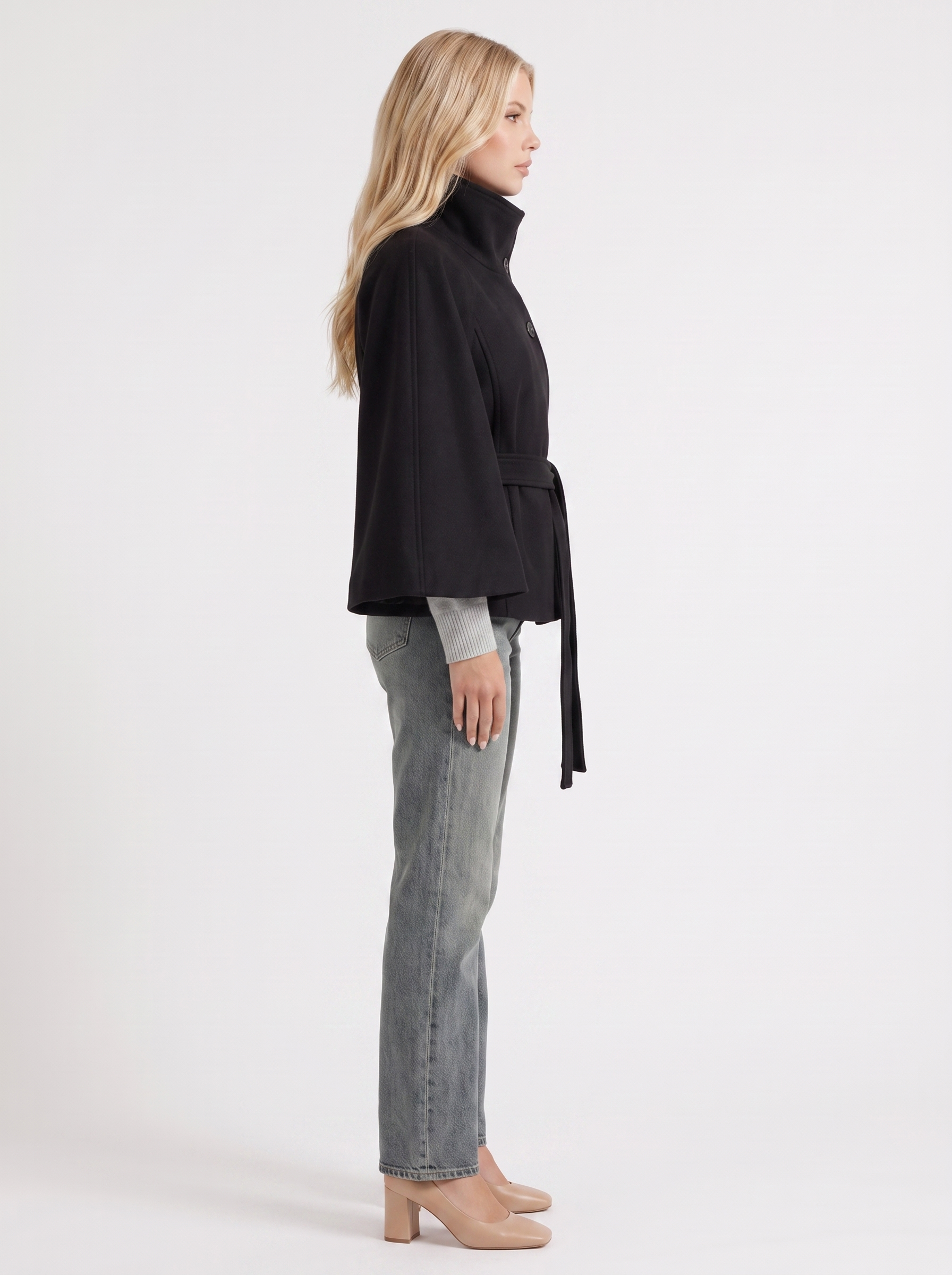 Belted Cape Jacket Stand Collar Autumn