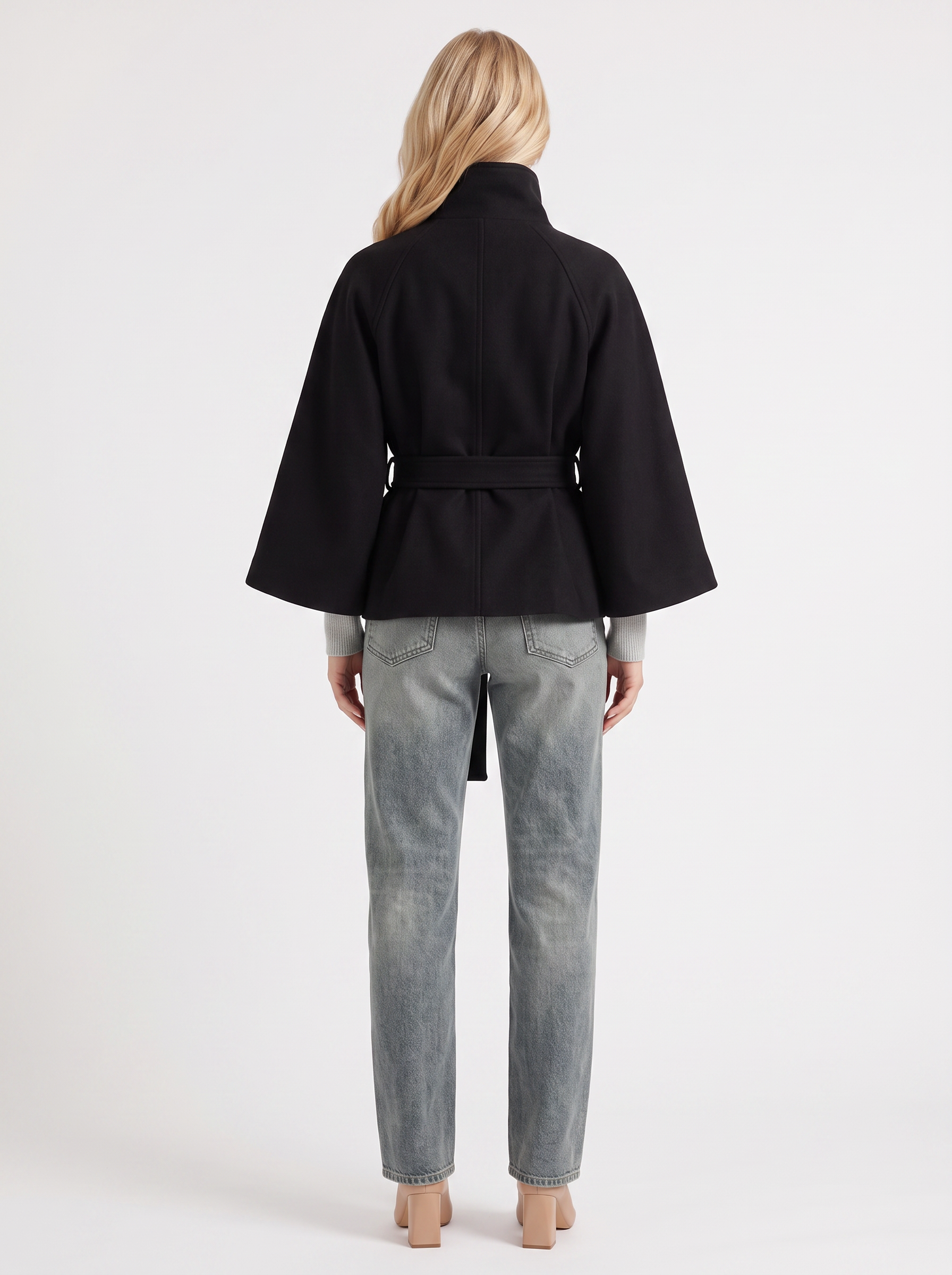Belted Cape Jacket Stand Collar Autumn