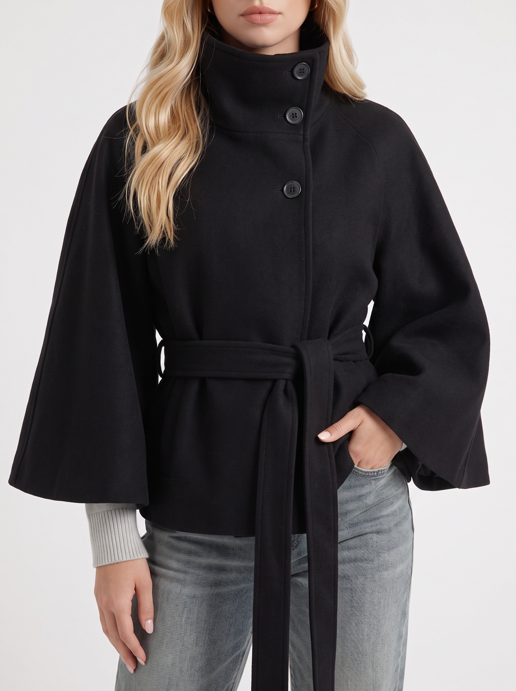 Belted Cape Jacket Stand Collar Autumn