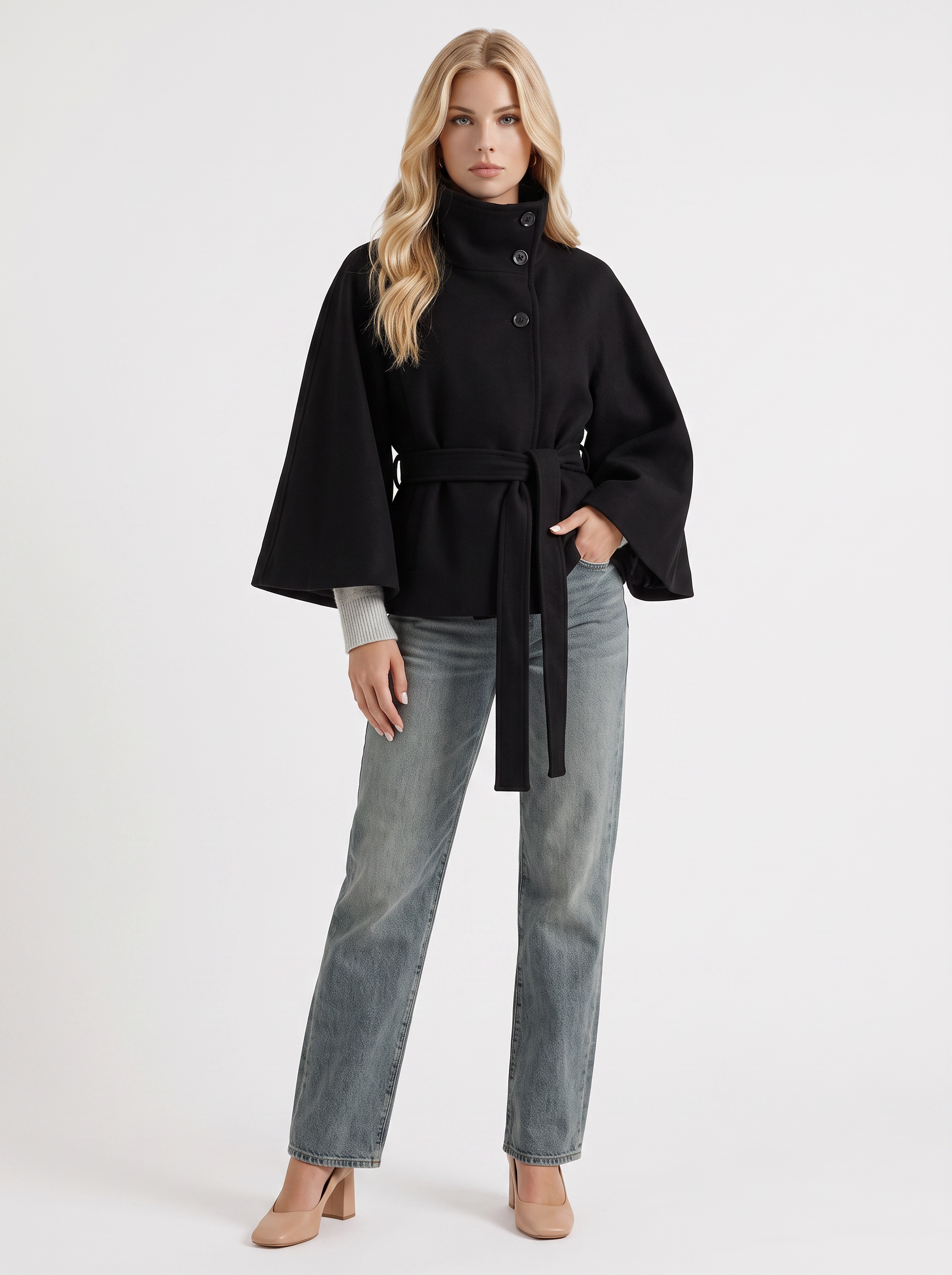 Belted Cape Jacket Stand Collar Autumn