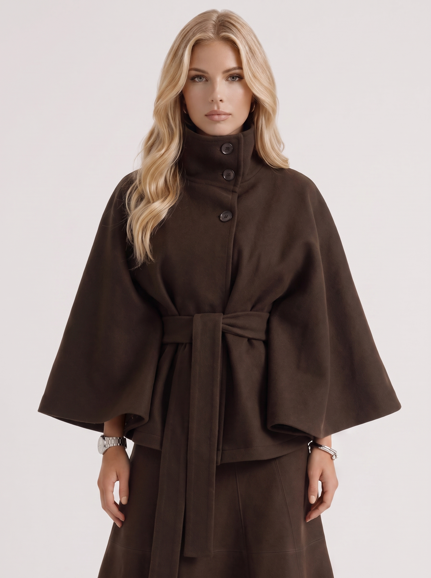 Belted Cape Jacket Stand Collar Autumn