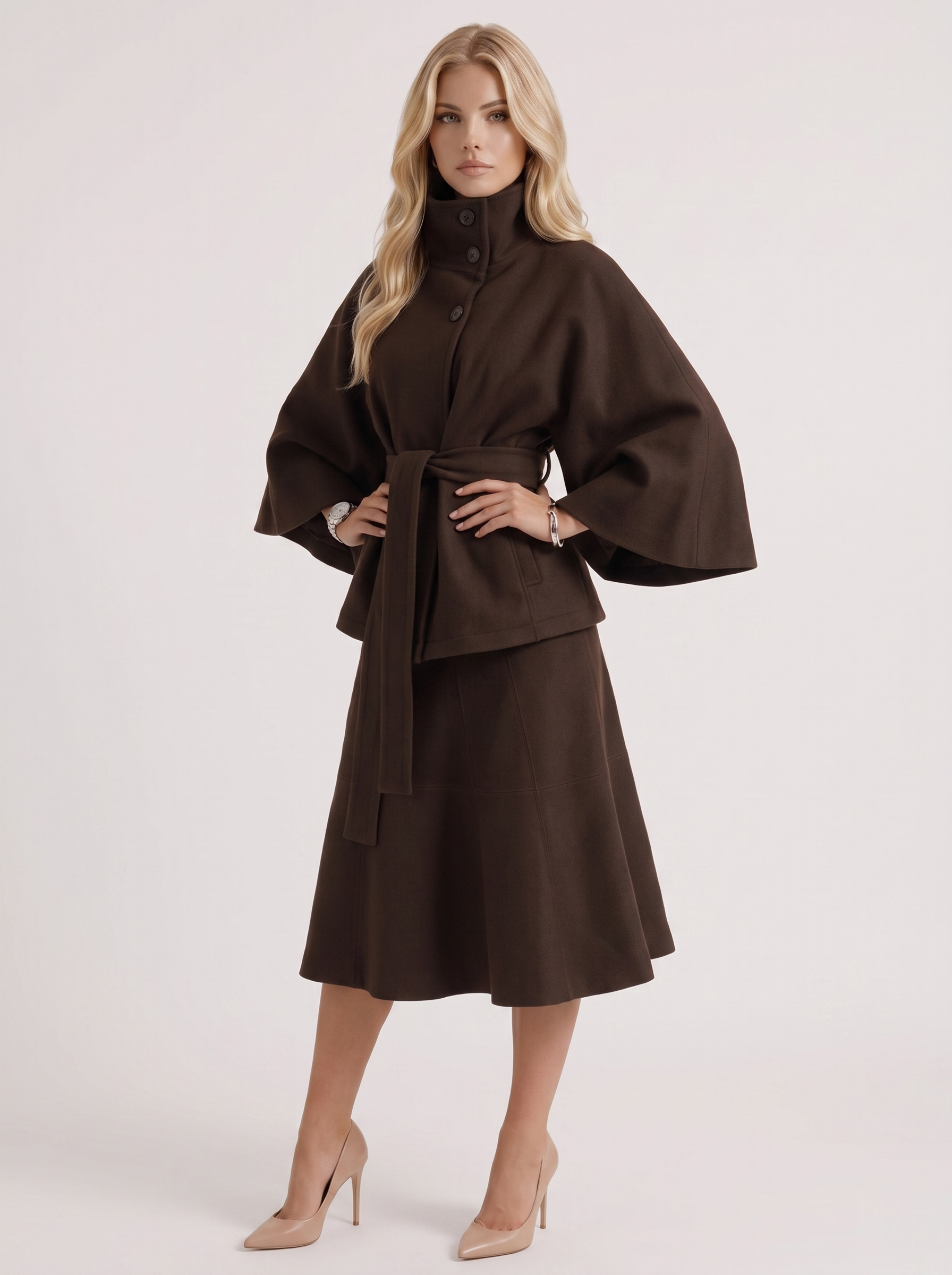 Belted Cape Jacket Stand Collar Autumn
