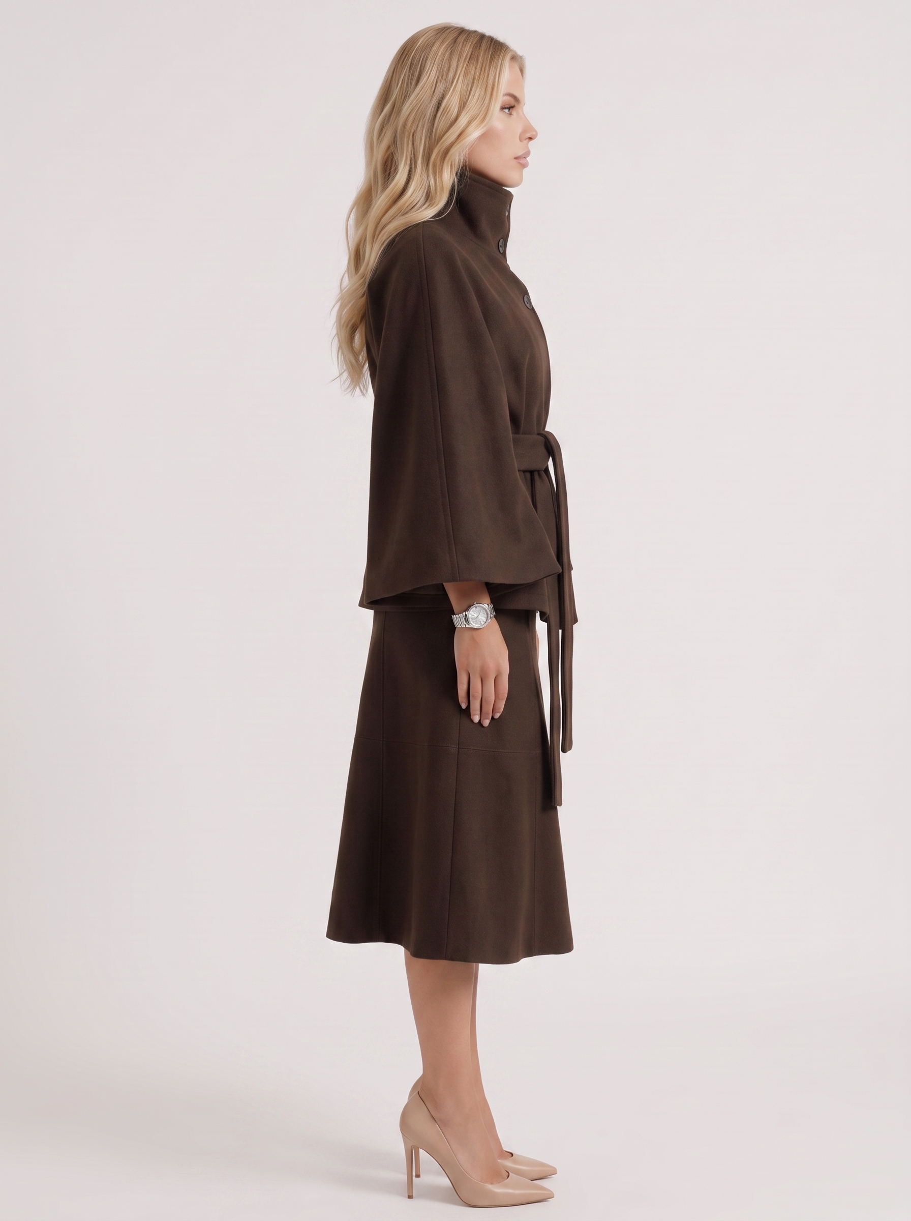 Belted Cape Jacket Stand Collar Autumn