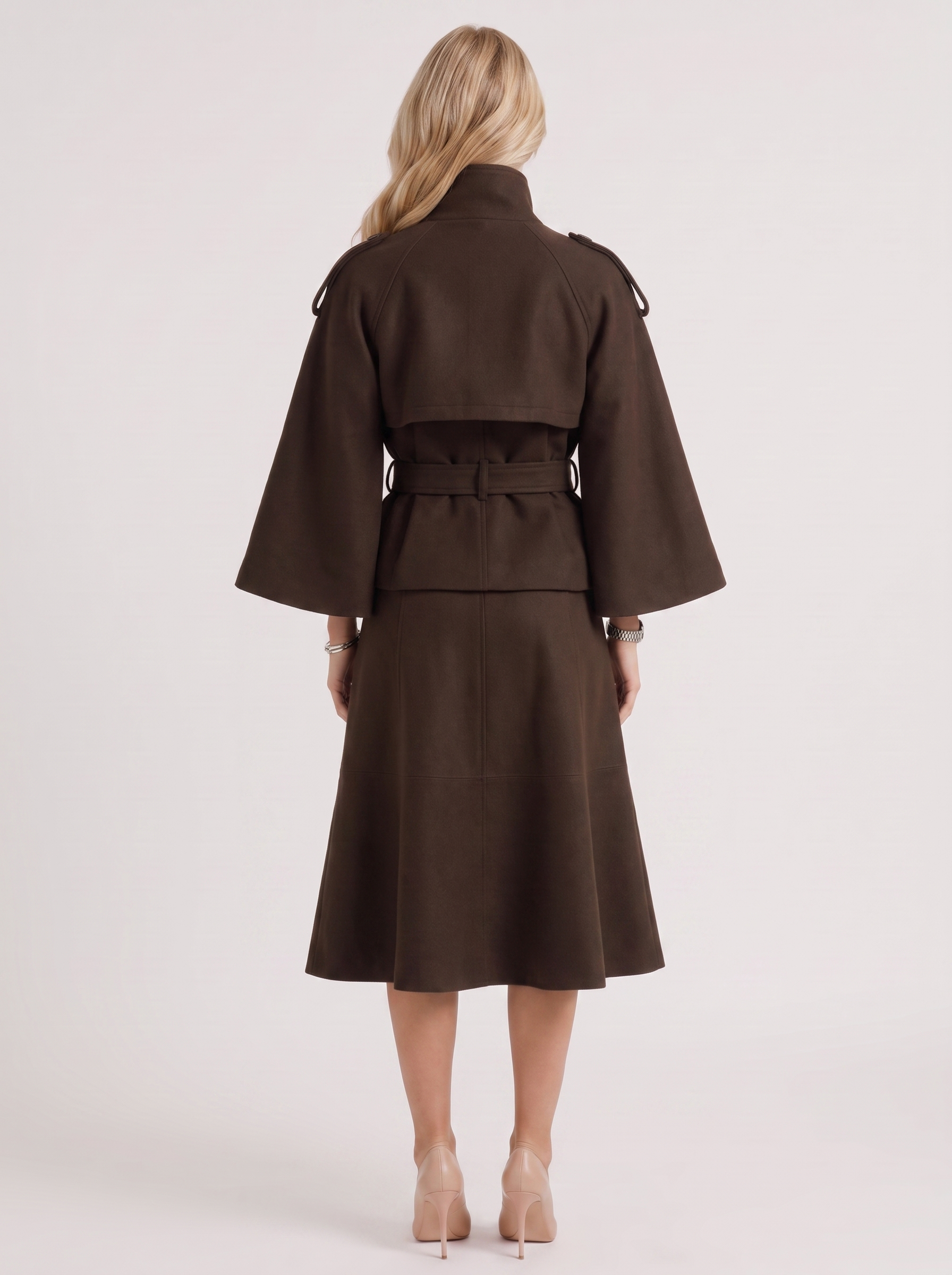 Belted Cape Jacket Stand Collar Autumn