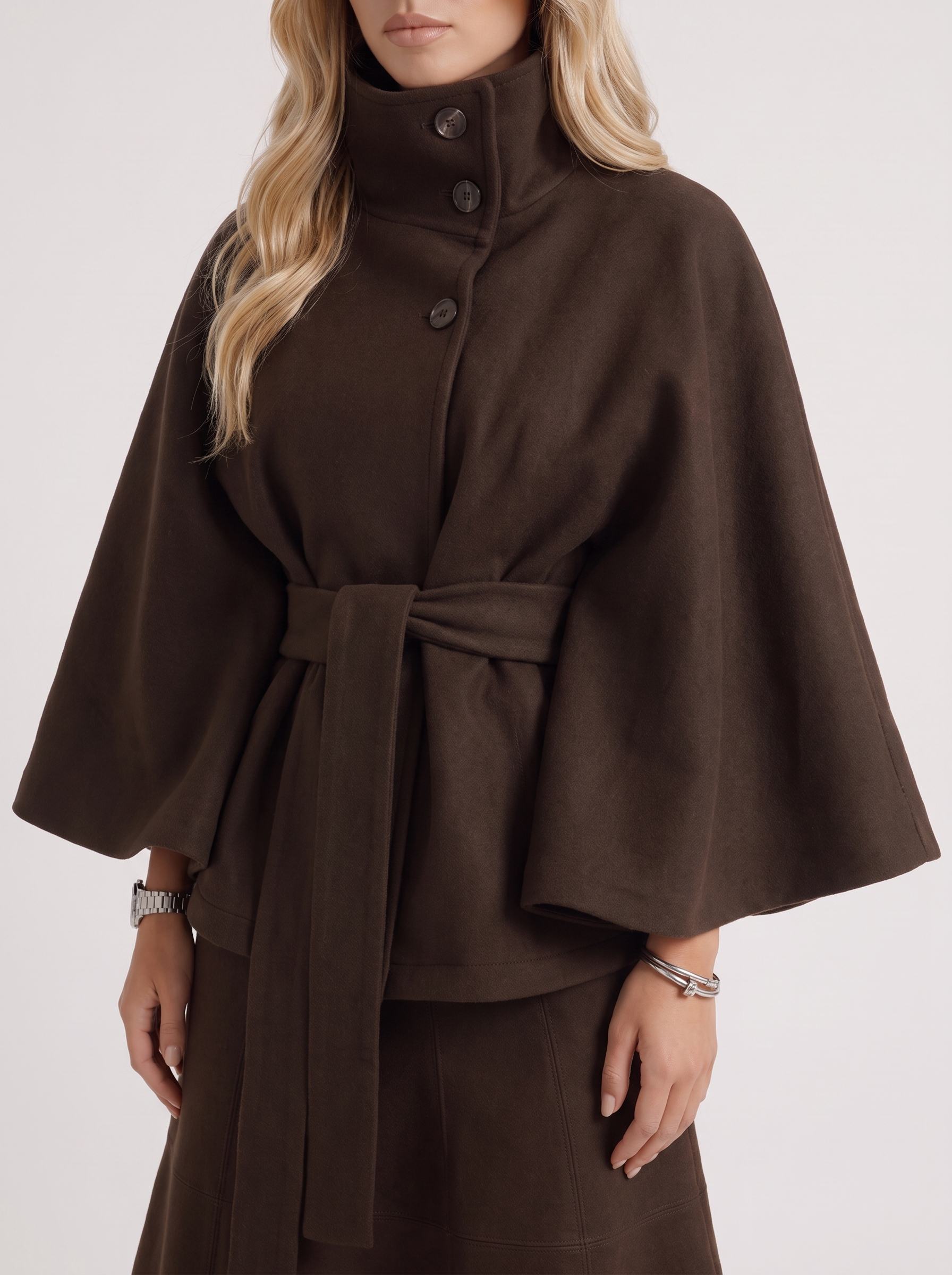 Belted Cape Jacket Stand Collar Autumn