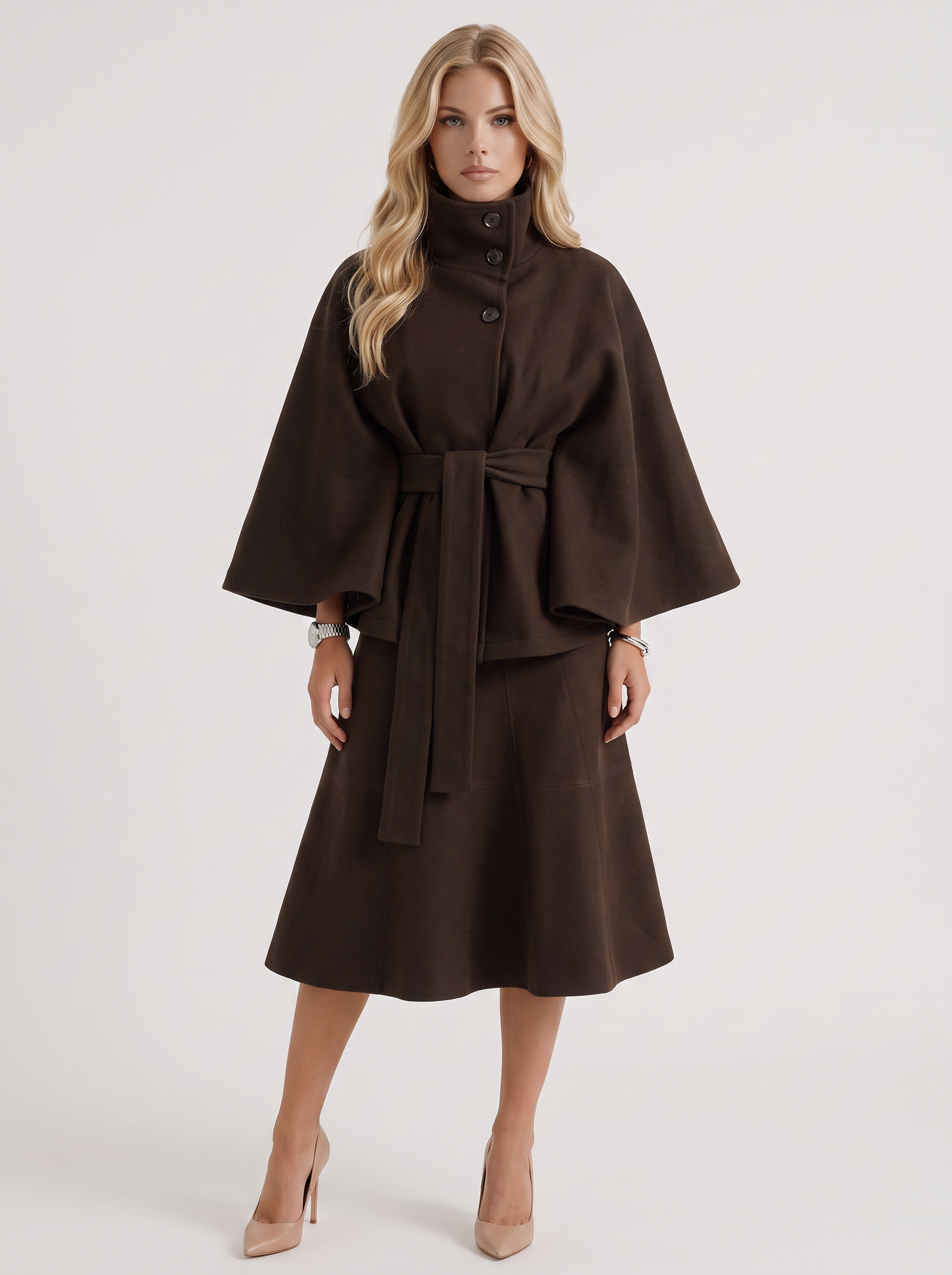 Belted Cape Jacket Stand Collar Autumn
