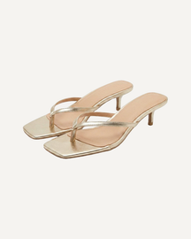Gold Thong Kitten Heels Square Toe Strappy Sandals Elegant Heels