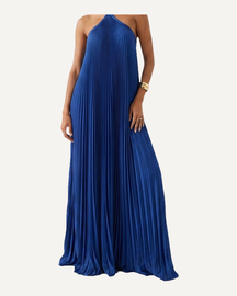 Blue Pleated Halter Neck Maxi Dress Wedding Guest Summer Races