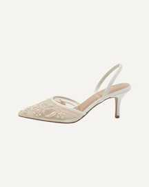 Embroidered Mesh Slingback Kitten Heels Pointed Toe