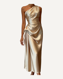 One Shoulder Ruched Midi Wedding Guest Dress